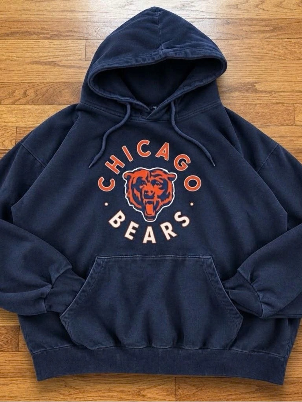 Vintage Navy Hoodie with Orange and Cream Chicago Bears Football Logo